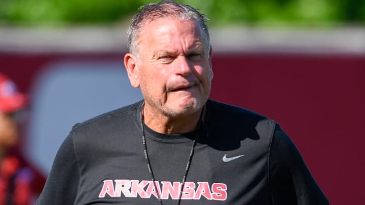 Arkansas Razorbacks coach Sam Pittman during preseason practices on the outdoor fields in Fayetteville, Ark.
