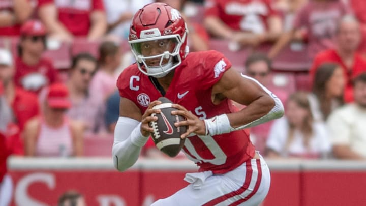 Arkansas Razorbacks quarterback Taylen Green scrambling looking to pass in a game against the Alabama A&M Bulldogs at Razorback Stadium in Fayetteville, Ark.
