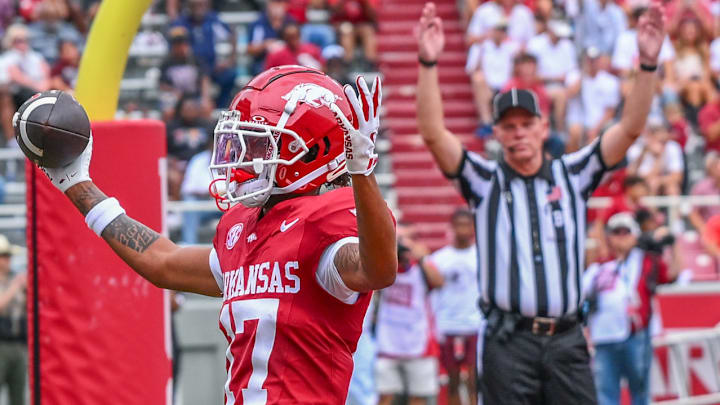 Arkansas Razorbacks wide receiver Jalen Brown celebrates after scoring a touchdown against the Alabama A&M Bulldogs on Saturday at Razorback Stadium in Fayetteville, Ark.