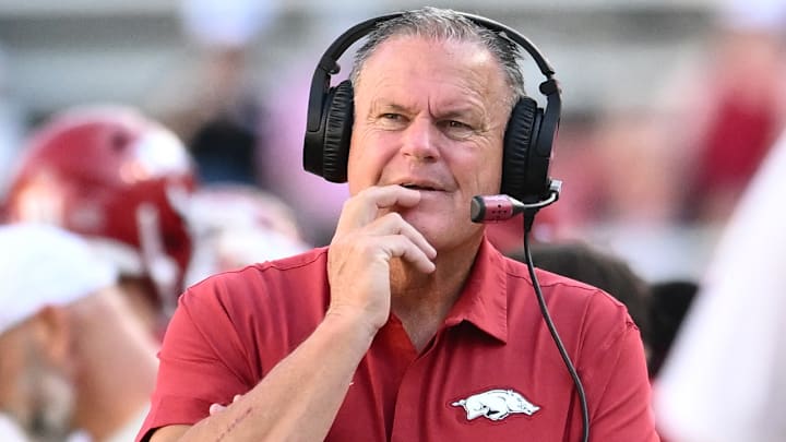Arkansas Razorbacks coach Sam Pittman on the sidelines during game against Alabama A&M at Razorback Stadium in Fayetteville, Ark.