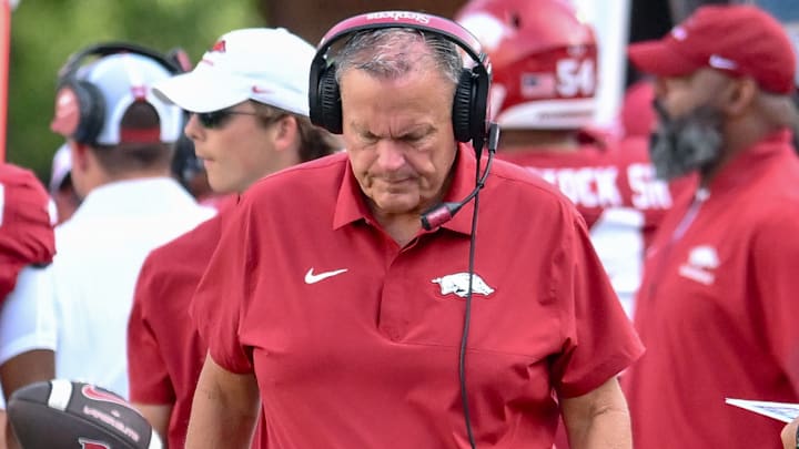 Arkansas Razorbacks coach Sam Pittman on the sidelines against the Alabama A&M Bulldogs at Razorback Stadium in Fayetteville, Ark.