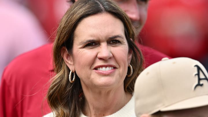 Arkansas Gov. Sarah Huckabee Sanders before the Razorbacks' game with Arkansas State at War Memorial Stadium in Little Rock, Ark.