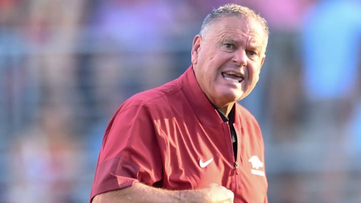Arkansas Razorbacks coach Sam Pittman on the sidelines against the Ole Miss Rebels at Vaught-Hemingway Stadium in Oxford, Miss.
