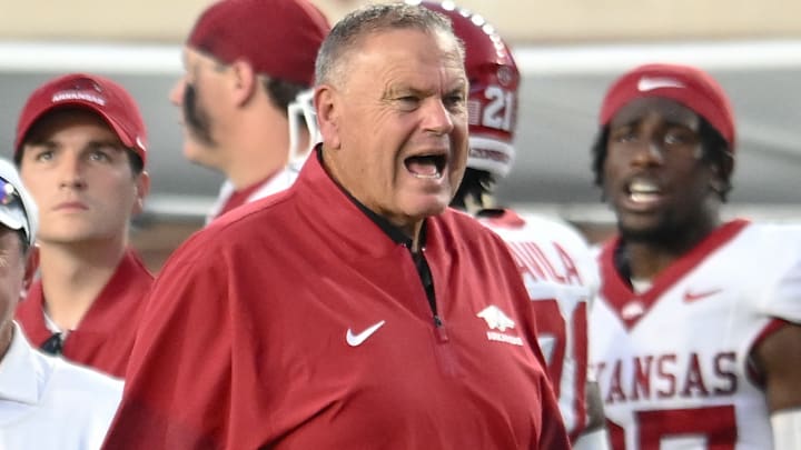 Arkansas Razorbacks coach Sam Pittman on the sidelines in a game against the Ole Miss Rebels at Vaught-Hemingway Stadium in Oxford, Miss.