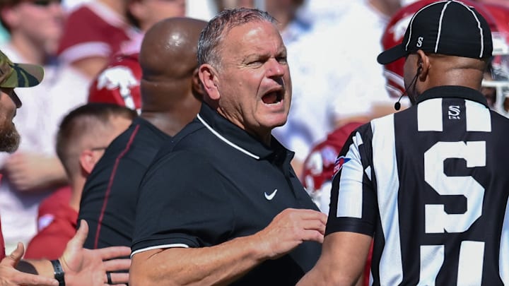 Arkansas Razorbacks coach Sam Pittman on the sidelines against the Notre Dame Fighting Irish at Razorback Stadium in Fayetteville, Ark.
