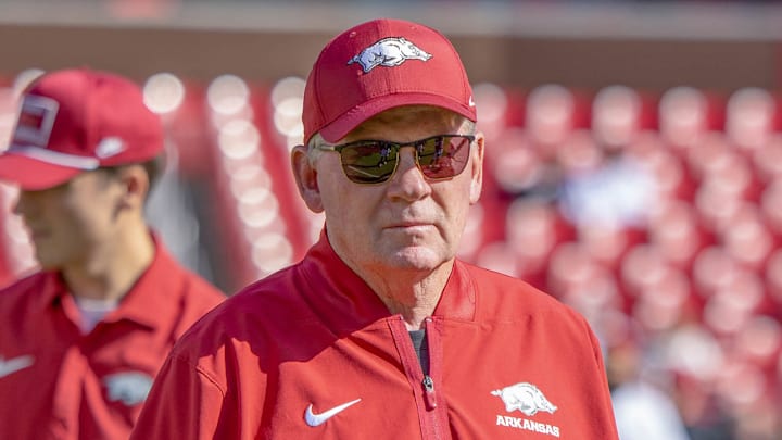 Arkansas Razorbacks offensive coordinator Bobby Petrino on the field during warmups before they faced the Notre Dame Fighting Irish at Razorback Stadium in Fayetteville, Ark. Arkansas Razorbacks offensive coordinator Bobby Petrino on the field during warmups before they faced the Notre Dame Fighting Irish at Razorback Stadium in Fayetteville, Ark.