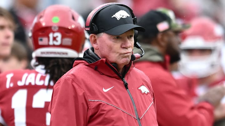 Arkansas Razorbacks interim coach Bobby Petrino on the sidelines against the Auburn Tigers at Razorback Stadium in Fayetteville, Ark.