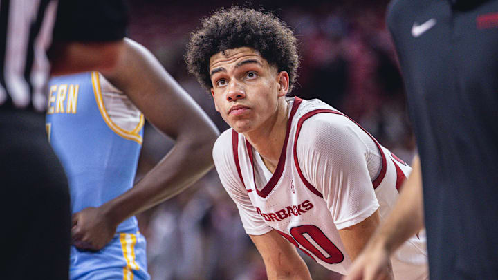 Arkansas Razorbacks wing Isaiah Sealy lining up on the free-throw line against the Southern Jaguars in a game at Bud Walton Arena in Fayetteville, Ark.