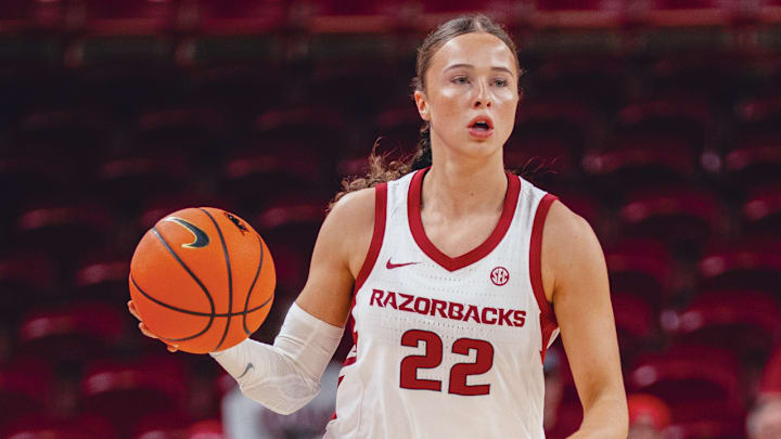 Arkansas Razorbacks Bonnie Deas bringing the ball upcourt against the Louisiana Tech Lady Bulldogs at Bud Walton Arena in Fayetteville, Ark.