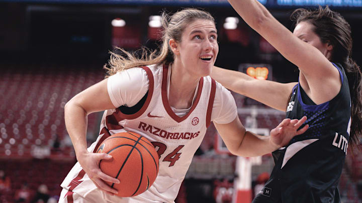 Arkansas Razorbacks Jenna Lawrence drives to the basket against the UCA Sugar Bears in a game at Bud Walton Arena in Fayetteville, Ark.