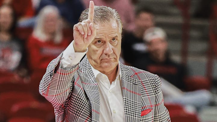 Arkansas Razorbacks coach John Calipari motions to players on the floor in game against Jackson State at Bud Walton Arena in Fayetteville, Ark. Arkansas Razorbacks coach John Calipari motions to players on the floor in game against Jackson State at Bud Walton Arena in Fayetteville, Ark.