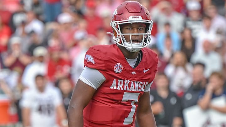Arkansas Razorbacks quarterback Taylen Green on the field in a game against the Texas A&M Aggies at Razorback Stadium in Fayetteville, Ark.
