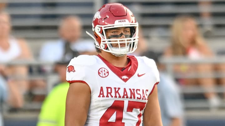Arkansas Razorbacks tight end Maddox Lassiter on the field warming up before game with the Ole Miss Rebels at Vaught-Hemingway Stadium in Oxford, Miss. Arkansas Razorbacks tight end Maddox Lassiter on the field warming up before game with the Ole Miss Rebels at Vaught-Hemingway Stadium in Oxford, Miss.
