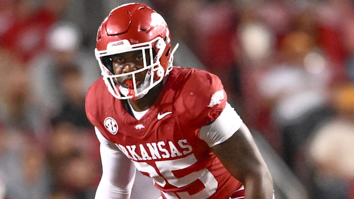 Arkansas Razorbacks linebacker Tavian Wallace lining up on special teams in game against the Texas A&M Aggies at Razorback Stadium in Fayetteville, Ark. Arkansas Razorbacks linebacker Tavian Wallace lining up on special teams in game against the Texas A&M Aggies at Razorback Stadium in Fayetteville, Ark.
