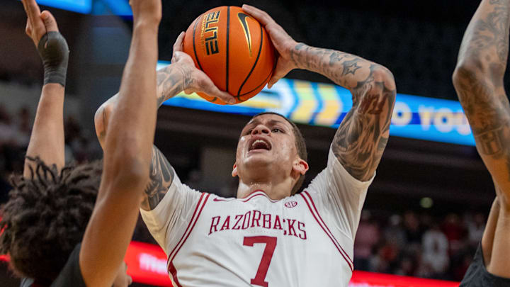 Arkanas Razorbacks forward Trevon Brazile puts up a shot against the Texas Tech Red Raiders at American Airlines Center in Dallas, Texas. Arkanas Razorbacks forward Trevon Brazile puts up a shot against the Texas Tech Red Raiders at American Airlines Center in Dallas, Texas.