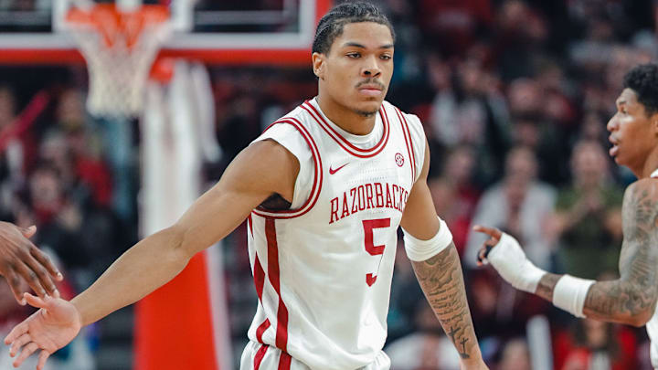 Arkansas Razorbacks guard Darius Acuff Jr. during game against the LSU Tigers at Bud Walton Arena in Fayetteville, Ark.