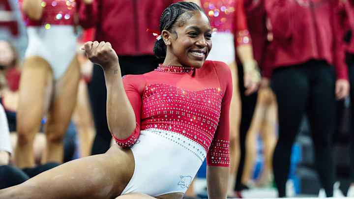 Arkansas Razorbacks gymnast Morgan Price during a routine in a gymnastics meet at Bud Walton Arena in Fayetteville, Ark.