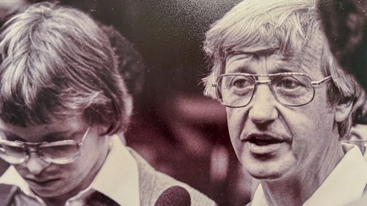 Arkansas Razorbacks coach Lou Holtz (right) with the media after practice Dec. 30, 1979, in New Orleans, La., before the Sugar Bowl game against the Alabama Crimson Tide. That is Andy Hodges (left) at the press conference.