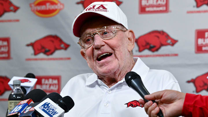 Former Arkansas Razorback coach Lou Holtz with the media before game against the Notre Dame Fighting Irish at Razorback Stadium in Fayetteville, Ark. Former Arkansas Razorback coach Lou Holtz with the media before game against the Notre Dame Fighting Irish at Razorback Stadium in Fayetteville, Ark.