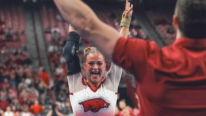 Arkansas Razorbacks Lauren Williams from Rogers after vault against the Georgia Bulldogs at Bud Walton Arena in Fayetteville, Ark.