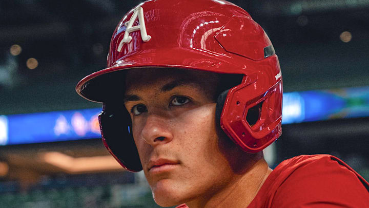 Arkansas Razorbacks shortstop Nolan Souza waiting for his turn in batting practice at Globe Life Field in Arlington, Texas before the Shriners Children's College Showdown opener against Oklahoma State later.
