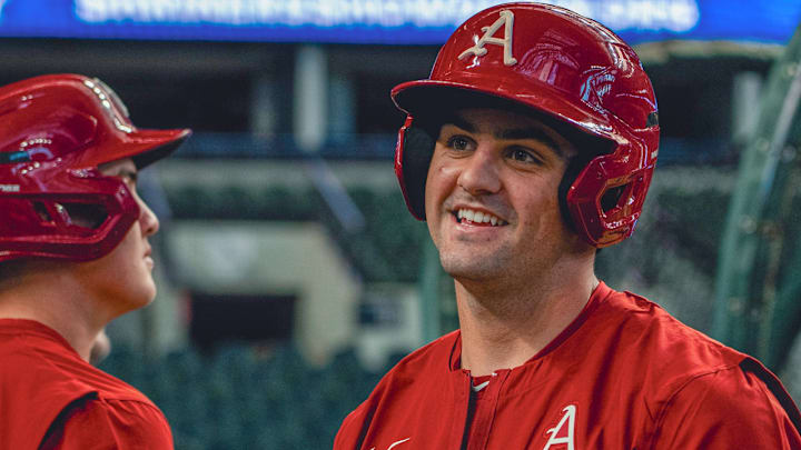 Arkansas Razorbacks catcher Ryder Helfrick during practice at Globe Life Field in Arlington, Texas before the Shriners Children's College Showdown opener against Oklahoma State later. Arkansas Razorbacks catcher Ryder Helfrick during practice at Globe Life Field in Arlington, Texas before the Shriners Children's College Showdown opener against Oklahoma State later.