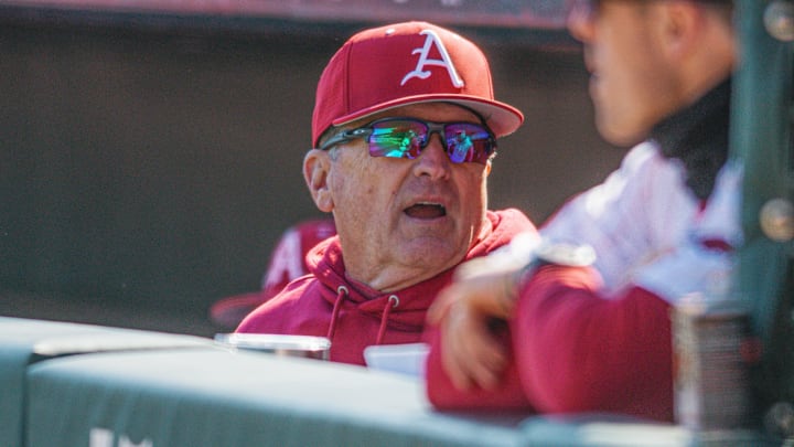 Arkansas Razorbacks coach Dave Van Horn in the dugout during game with the Xavier Muskateers at Baum-Walker Stadium in Fayetteville, Ark.