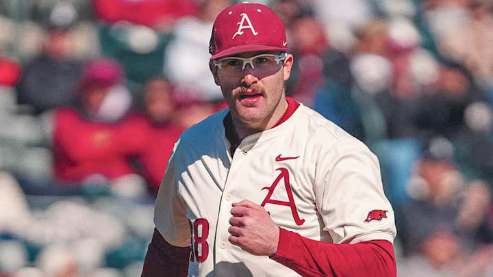 Arkansas Razorbacks pitcher Colin Fisher after an out in game against the Xavier Muskateers at Baum-Walker Stadium in Fayetteville, Ark.