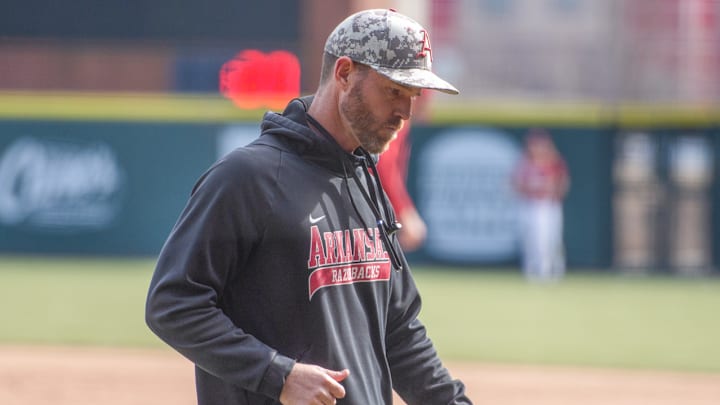 Arkansas Razorbacks pitching coach Matt Hobbs during practice before start of season. Arkansas Razorbacks pitching coach Matt Hobbs during practice before start of season.