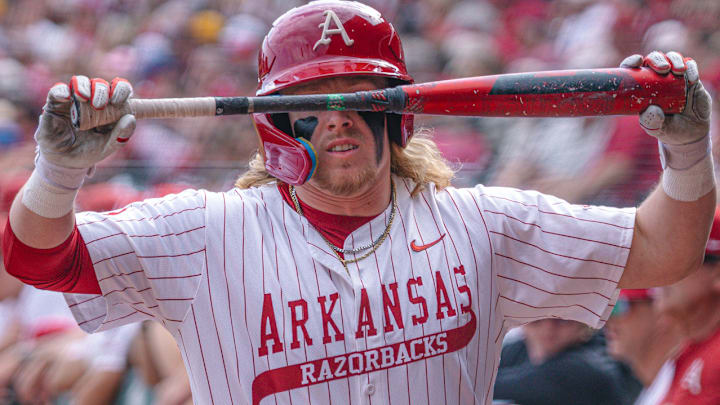 Arkansas Razorbacks Zack Stewart coming to the plate in game against UT Arlington at Baum-Walker Stadium in Fayetteville, Ark.