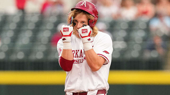 Arkansas Razorbacks' designated hitter Zack Stewart after reaching base against the Oral Roberts Golden Eagles in a game at Baum-Walker Stadium in Fayetteville, Ark. Arkansas Razorbacks' designated hitter Zack Stewart after reaching base against the Oral Roberts Golden Eagles in a game at Baum-Walker Stadium in Fayetteville, Ark.