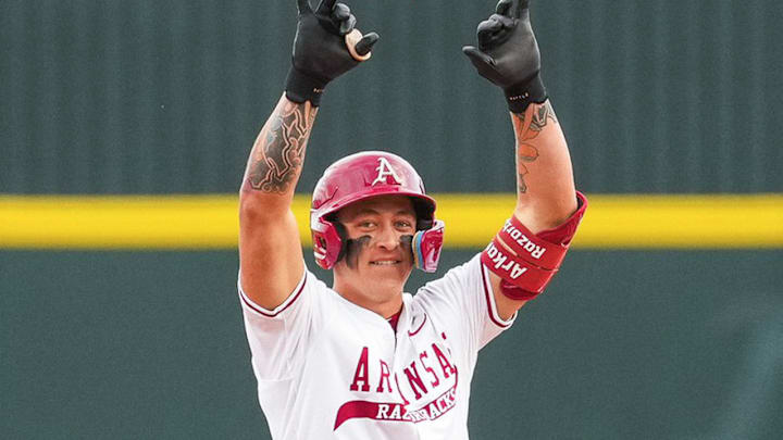 Arkansas Razorbacks Kuhio Aloy celebrating in game against Oral Roberts.