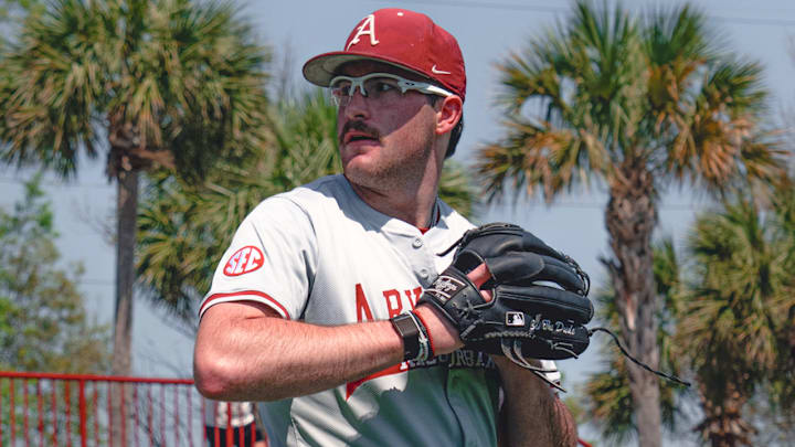 Arkansas Razorbacks pitcher Colin Fisher during warmups before game with South Carolina Gaecocks.