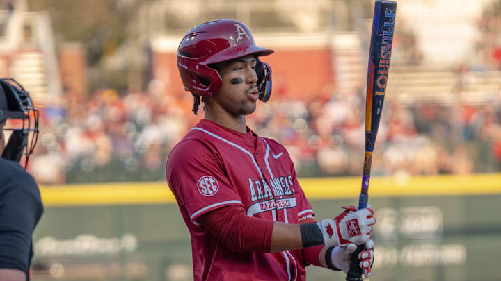 Arkansas Razorbacks TJ Pompey coming to the plate against the Central Arkansas Bears.