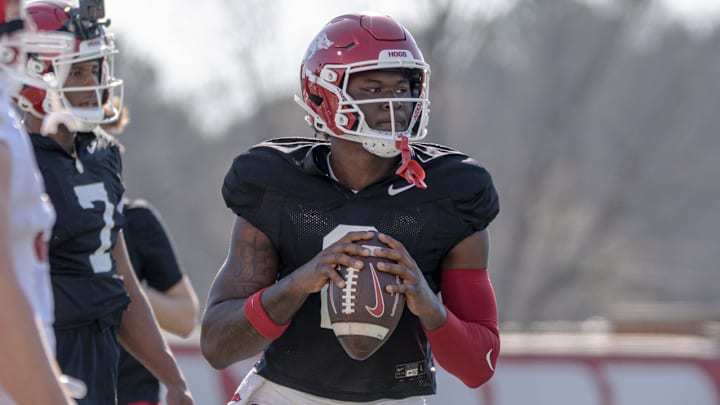 Arkansas Razorbacks quarterback AJ Hill during spring practice drills.