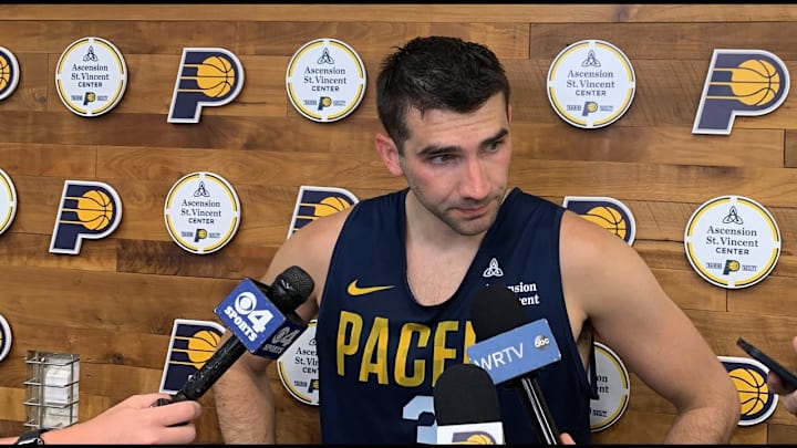 Dakota Mathias speaks with reporters after a summer league practice for the Indiana Pacers in July of 2024. (Mandatory Photo Credit: Pacers On SI)