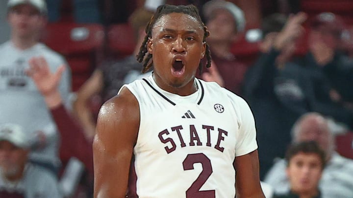 Mississippi State's Ja’Borri McGhee reacts after a play in the Bulldogs' win over the Oklahoma Sooners at Humphrey Coliseum in Starkville, Miss.