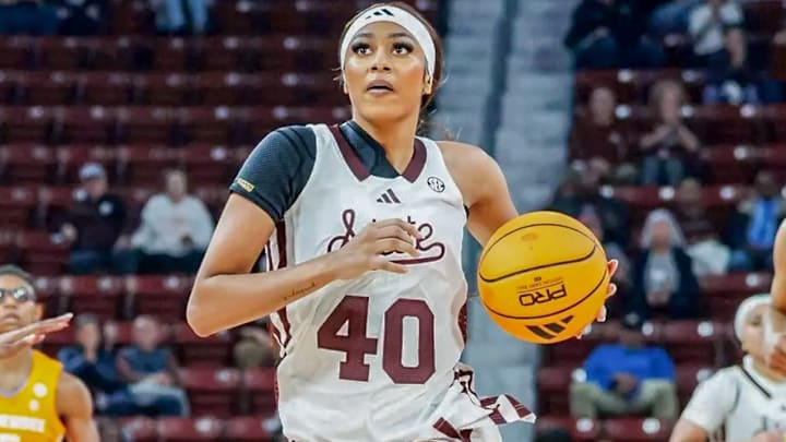Mississippi State's Madison Francis bringing the ball up the court against the Tennessee Vols  at a game at Humphrey Colisem in Starkville, Miss.