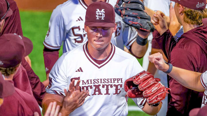 Mississippi State pitcher Ryan McPherson coming off the mound against Lipscomb.