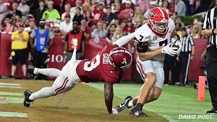 Bryant-Denny Stadium; Tuscaloosa, Alabama; 09/28/2024; Georgia football tight end Lawson Luckie hauls in a second half touchdown against the Alabama Crimson Tide. Bryant-Denny Stadium; Tuscaloosa, Alabama; 09/28/2024; Georgia football tight end Lawson Luckie hauls in a second half touchdown against the Alabama Crimson Tide.