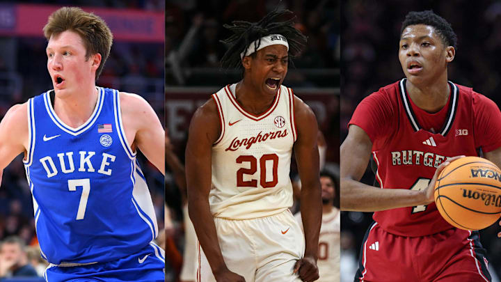 Duke Blue Devils guard Kon Knueppel (7), Texas Longhorns guard Tre Johnson (20), Rutgers Scarlet Knights guard Ace Bailey (4)