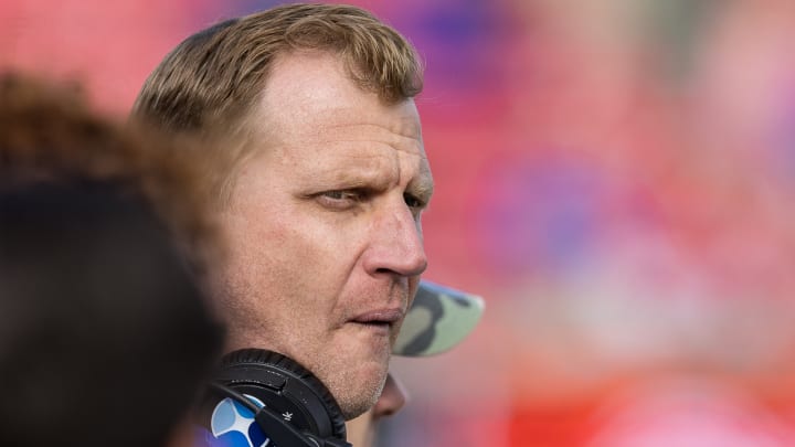 Mustangs coach Rhett Lashlee on the sidelines in a game against Navy on Nov. 25, 2023, at Gerald J. Ford Stadium in Dallas.