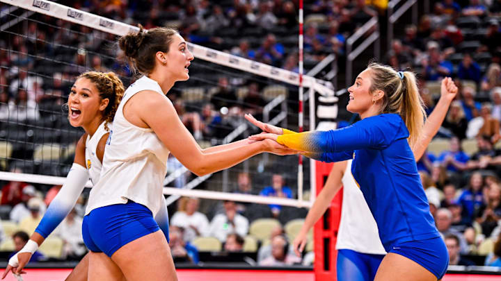 No. 3 Pitt Panthers Volleyball Outside Hitter Dagmar Mourits and Libero/Defensive Specialist Emery Dupes Celebrate a Point vs. theNo. 25 TCU Horned Frogs at the State Farm Volleyball Showcase at PPG Paints Arena