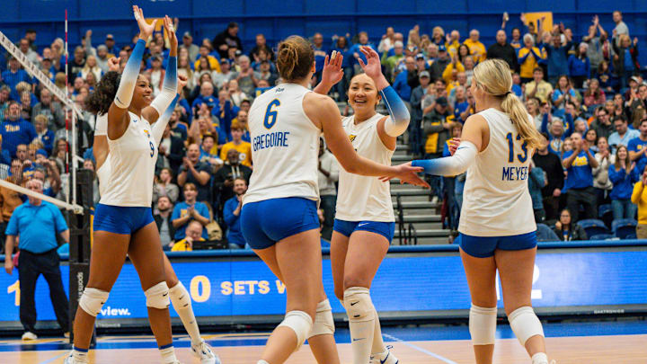 No. 3 Pitt Volleyball Celebrates a Point in their Sweep of Virginia Tech at Fitzgerald Field House on Nov. 7, 2025