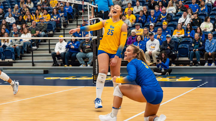 No. 3 Pitt Volleyball Celebrates a Point in their Sweep of Virginia at Fitzgerald Field House on Nov. 9, 2025
