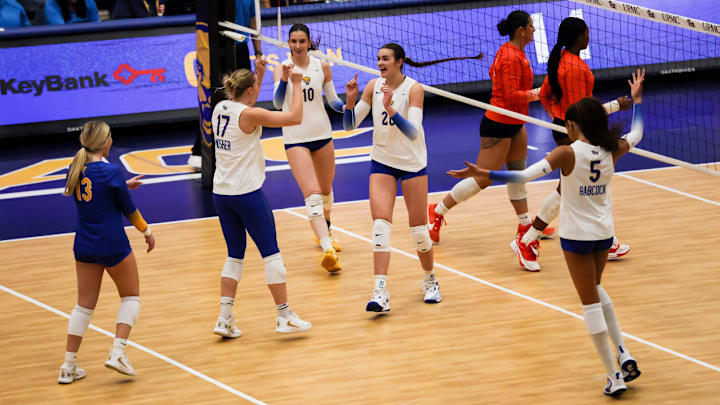 No. 4 Pitt Volleyball Celebrates a Point in Their Sweep of Syracuse at Fitzgerald Field House on Nov. 21, 2025