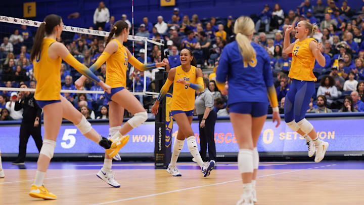 No. 4 Pitt Volleyball Celebrates a Point in Their Sweep of Boston College at Fitzgerald Field House on Nov. 23, 2025