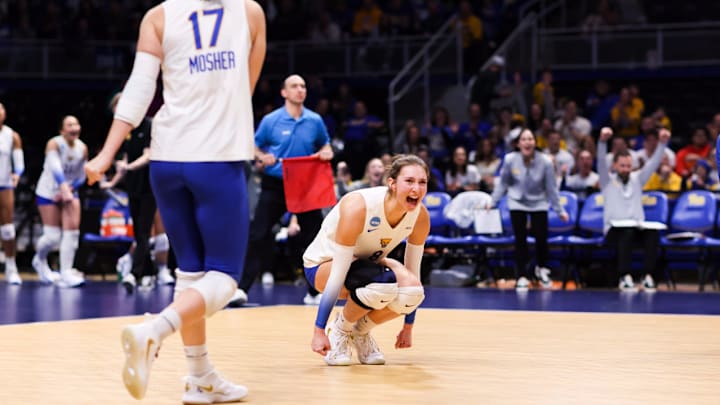 Pitt Volleyball Outside Hitter Blaire Bayless Celebrates a Kill in the Sweep of Michigan in the Second Round of the NCAA Tournament at the Petersen Events Center on Dec. 6, 2025 Pitt Volleyball Outside Hitter Blaire Bayless Celebrates a Kill in the Sweep of Michigan in the Second Round of the NCAA Tournament at the Petersen Events Center on Dec. 6, 2025
