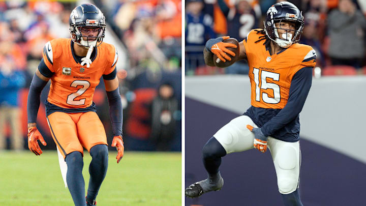 Denver Broncos cornerback Patrick Surtain II (2) and outside linebacker Nik Bonitto (15). Denver Broncos cornerback Patrick Surtain II (2) and outside linebacker Nik Bonitto (15).