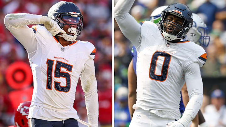 Denver Broncos outside linebackers Nik Bonitto (15) and Jonathon Cooper (10). 